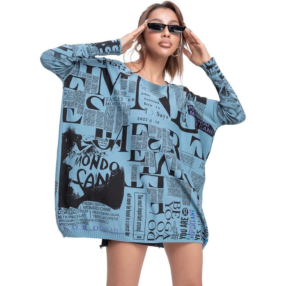 Women's Off-Shoulder Sweater Long Sleeves Newspaper Print Casual Top